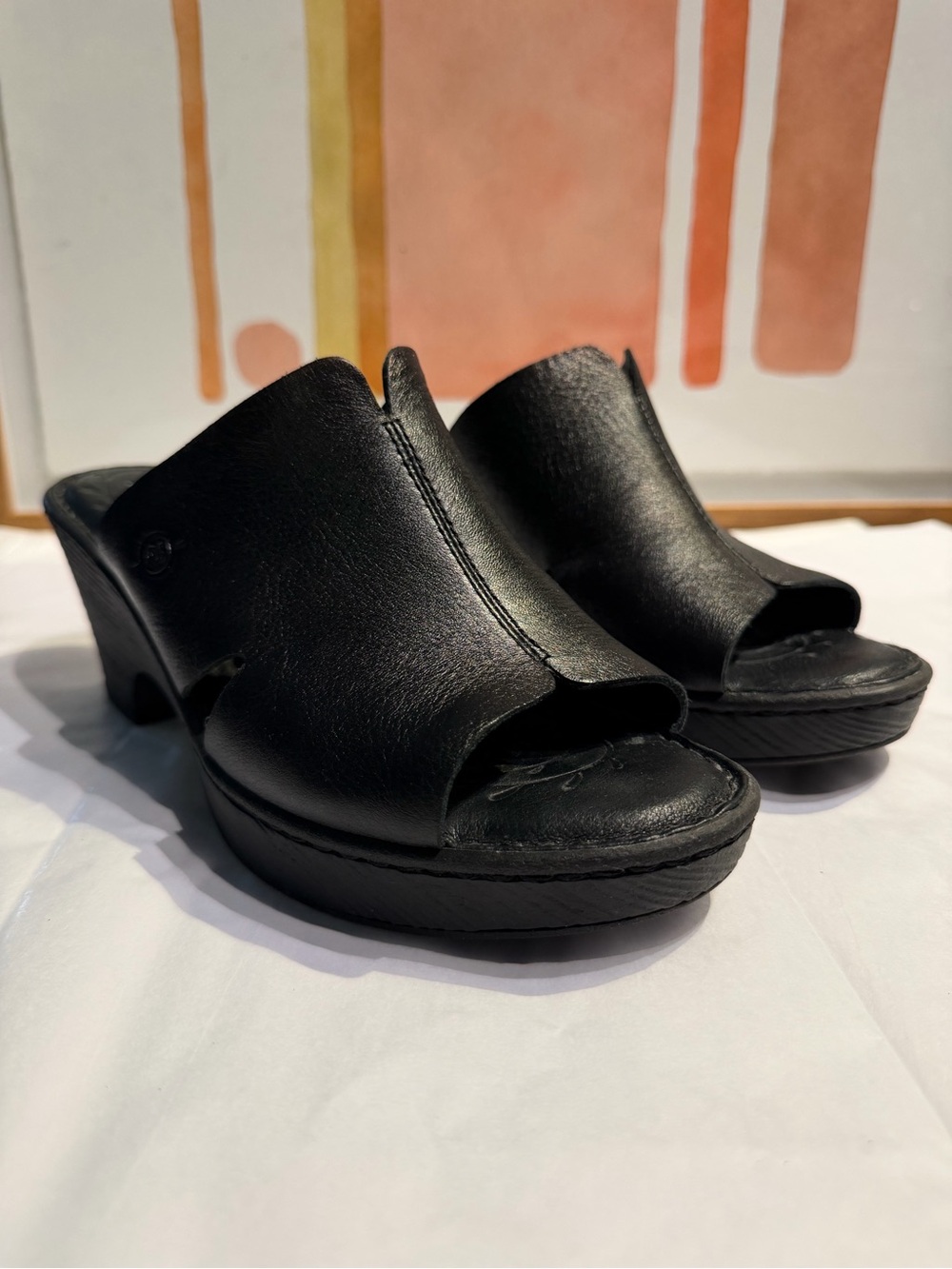 Born Black Leather Platform Clog Mules Slip On Wedge Heel Size 8 M Comfort